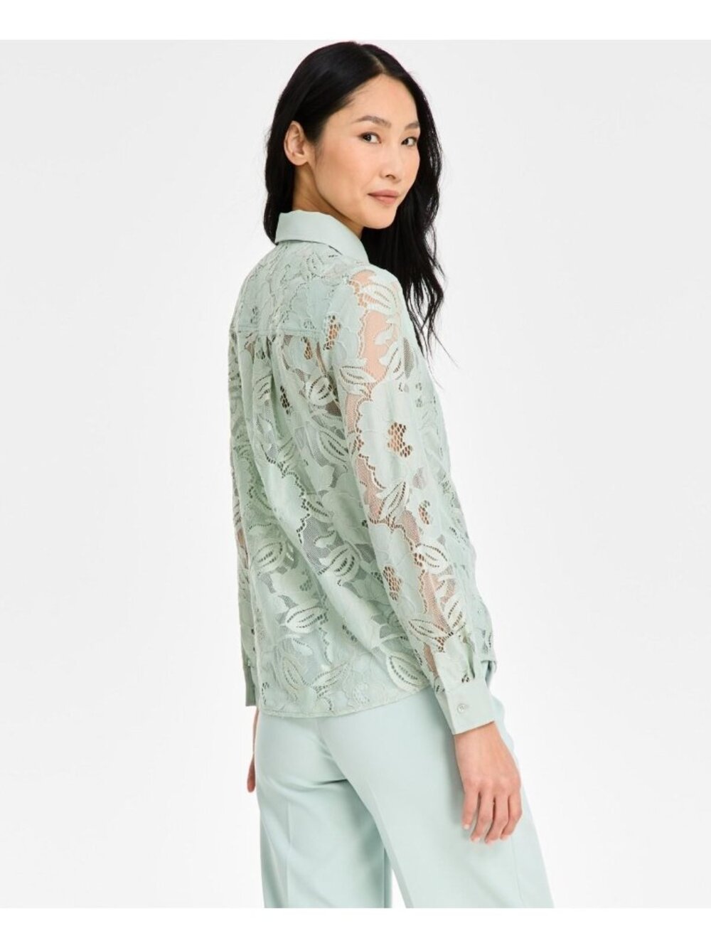 Anne Klein Women s Collared Floral-Lace Button-Front Shir Green Size S $89 - Picture 2 of 4